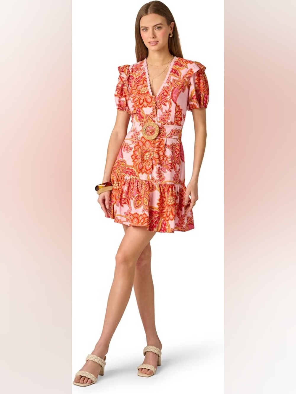 Adrianna Papell Sheath Retro 70s Dress Short Sleeve Flowy Ruffle Hem Belt 12/14